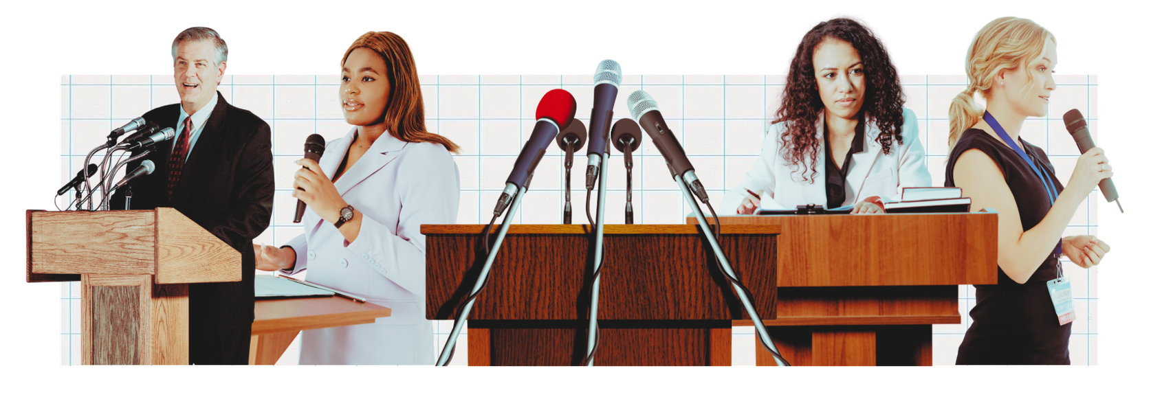 Diverse speakers at podiums with microphones in a conference setting, representing science communication and expert voices in public health messaging