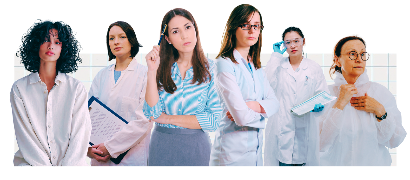 Women in lab coats and professional attire with thoughtful expressions, representing researchers and public health professionals evaluating evidence