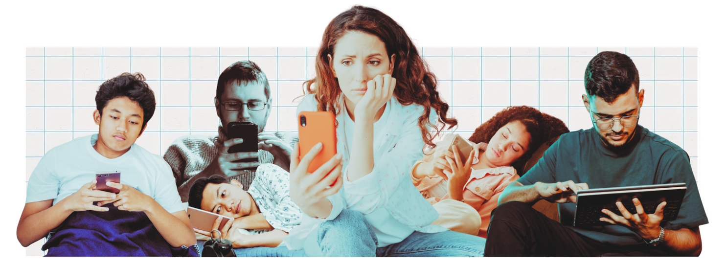 Diverse people absorbed in phones and laptops with concerned expressions, illustrating digital information overload and the need for AI literacy skills