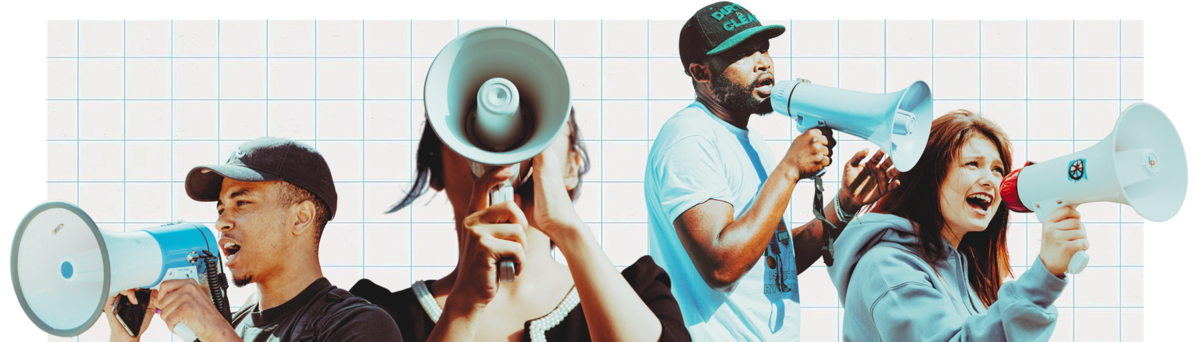 Four diverse advocates speaking through megaphones, representing public health communication and the challenge of reaching people through misinformation