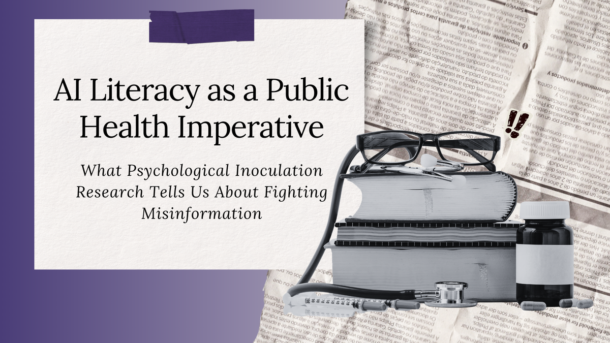 Stacked research books with reading glasses, stethoscope, and medicine bottles against newspaper text—linking health literacy and critical thinking about information